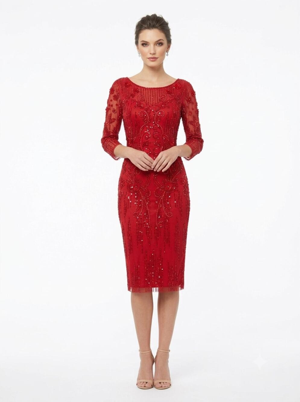 Theia Crimson Sheath Dress Womens 4 Red Mesh Beaded Sequin Long Sleeve Cocktail